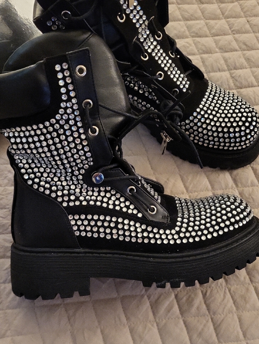 AZALEA WANG Black Rhinestone Combat Boots - Women's Fashion Boots SZ9 - Picture 4 of 12